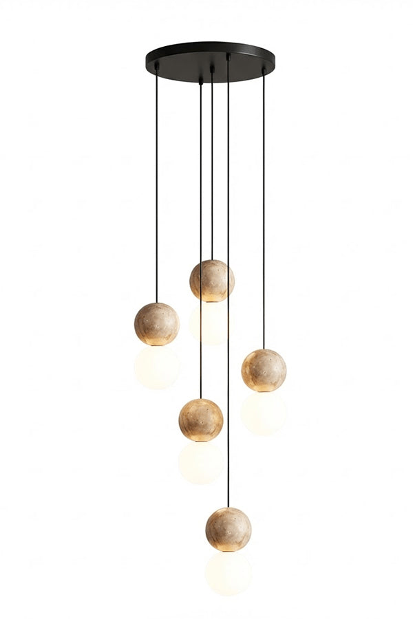 5-light cluster travertine stone pendant light with black canopy | Yellow Travertine, Glass | Front view isolated on white background | Samu Lamp