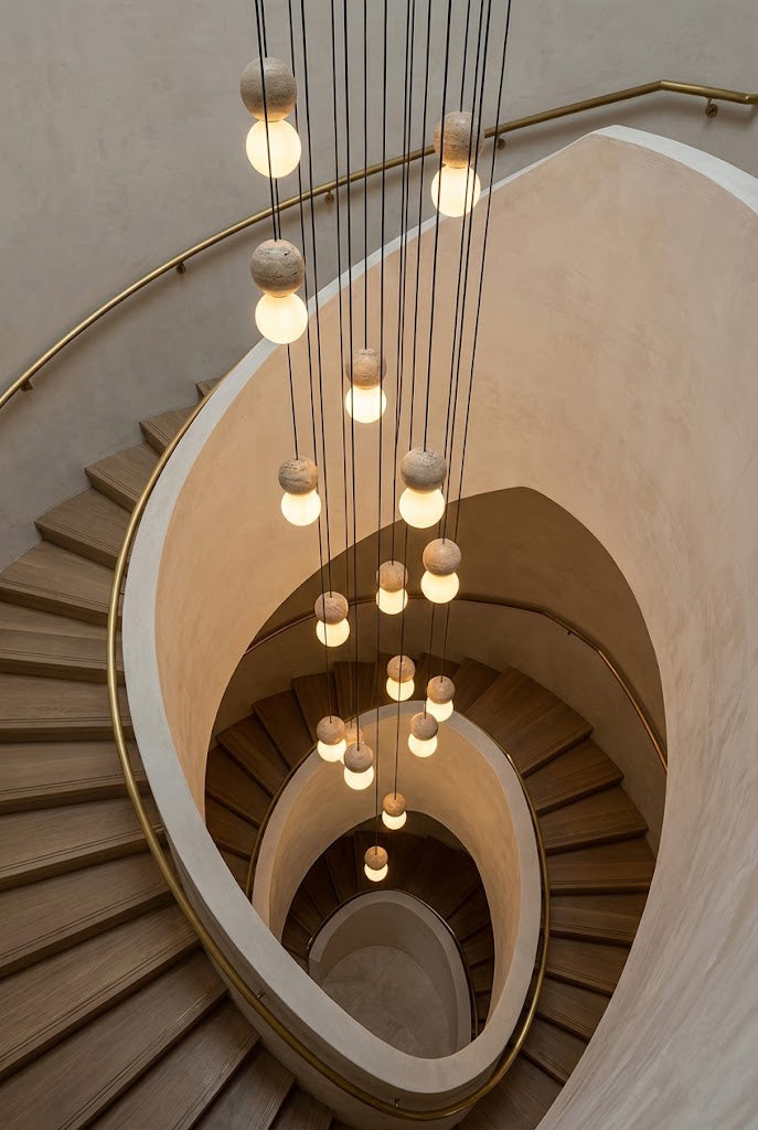 Cascading multi-light travertine chandelier in a staircase | Yellow Travertine, Glass | Dramatic vertical installation in a spiral stairwell | Samu Lamp