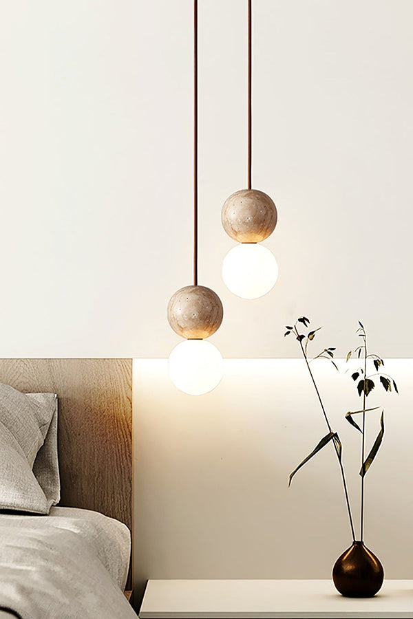2-light travertine stone cluster pendant | Yellow Travertine, Glass | Bedside installation with soft warm lighting | Samu Lamp