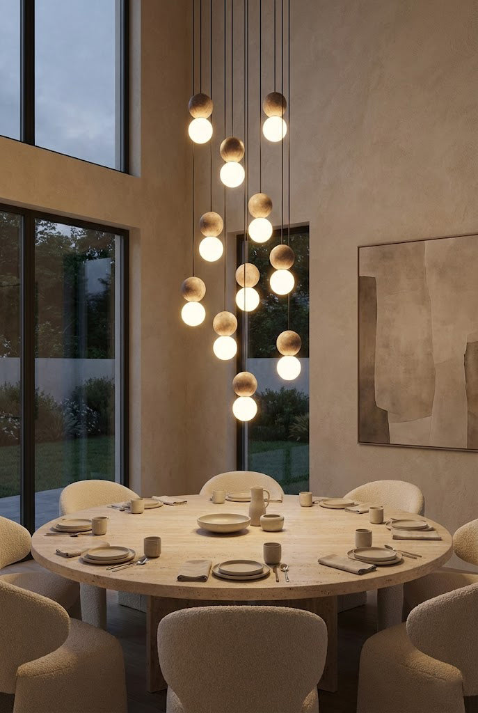 Large cascading travertine cluster chandelier | Yellow Travertine, Glass | Centered over a round dining table in a high-ceiling room | Samu Lamp