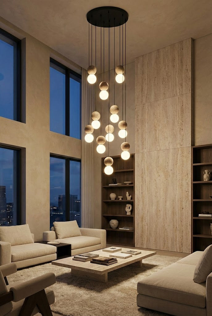 Multi-light cascading travertine stone chandelier | Yellow Travertine, Glass | Grand installation in a modern luxury living room | Samu Lamp