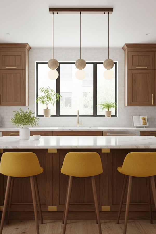 3-light linear travertine stone pendant | Yellow Travertine, Glass | Installed over a kitchen island with yellow bar stools | Samu Lamp