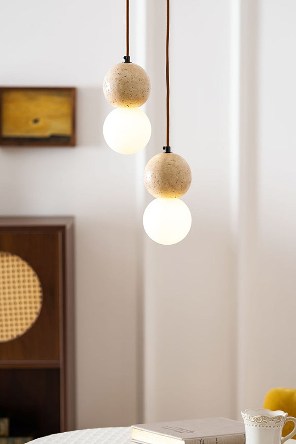 2-light cluster travertine pendant detail | Yellow Travertine, Glass | Close-up showing the stone texture and glass globes | Samu Lamp