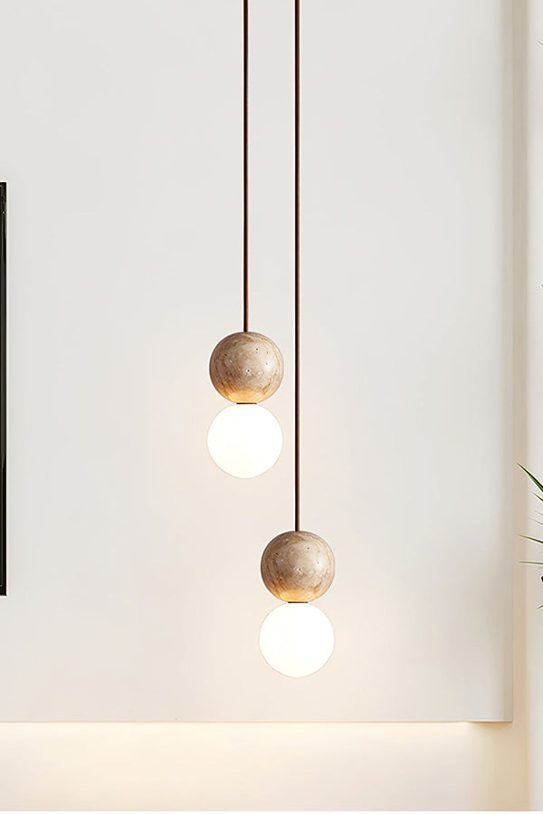 cluster travertine stone pendant light with  canopy | Yellow Travertine, Glass | Front view isolated on white background | Samu Lamp