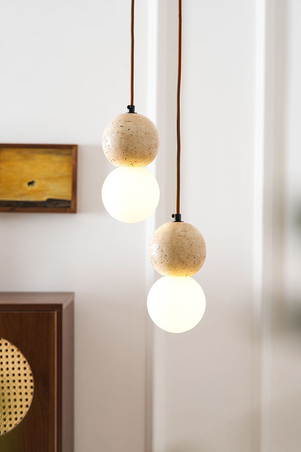 cluster travertine stone pendant light with  canopy | Yellow Travertine, Glass | Front view isolated on white background | Samu Lamp