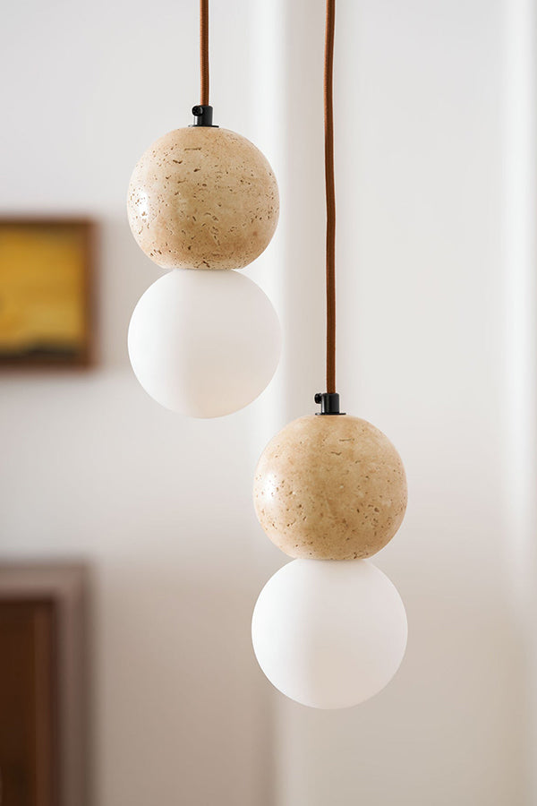 cluster travertine stone pendant light with  canopy | Yellow Travertine, Glass | Front view isolated on white background | Samu Lamp
