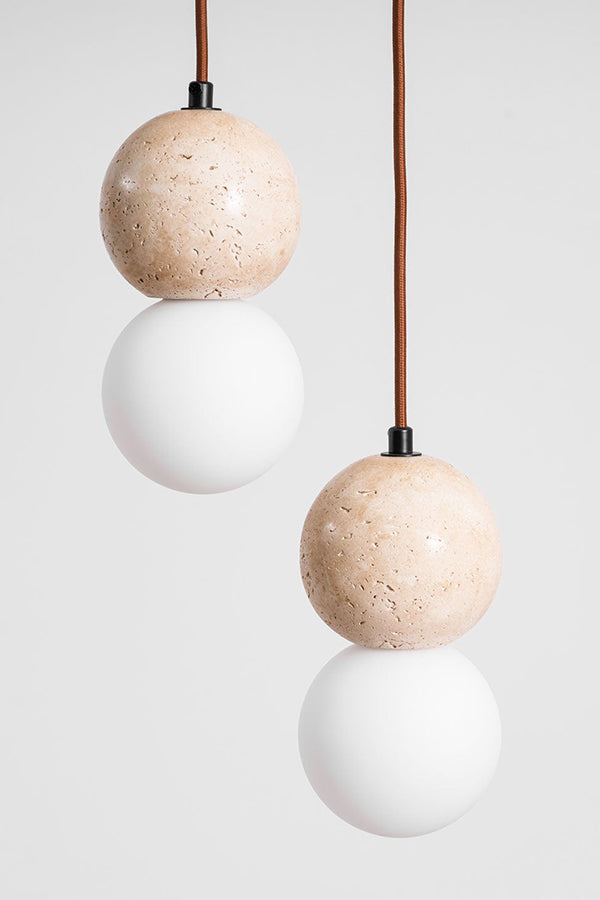 cluster travertine stone pendant light with  canopy | Yellow Travertine, Glass | Front view isolated on white background | Samu Lamp