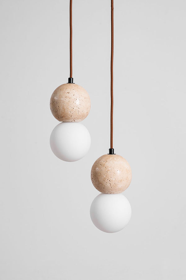 cluster travertine stone pendant light with  canopy | Yellow Travertine, Glass | Front view isolated on white background | Samu Lamp