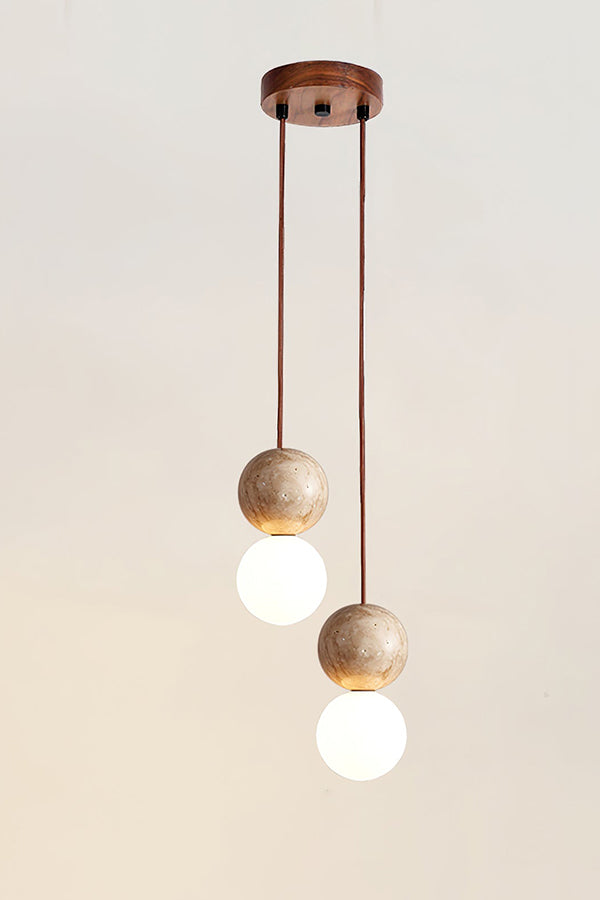 cluster travertine stone pendant light with  canopy | Yellow Travertine, Glass | Front view isolated on white background | Samu Lamp