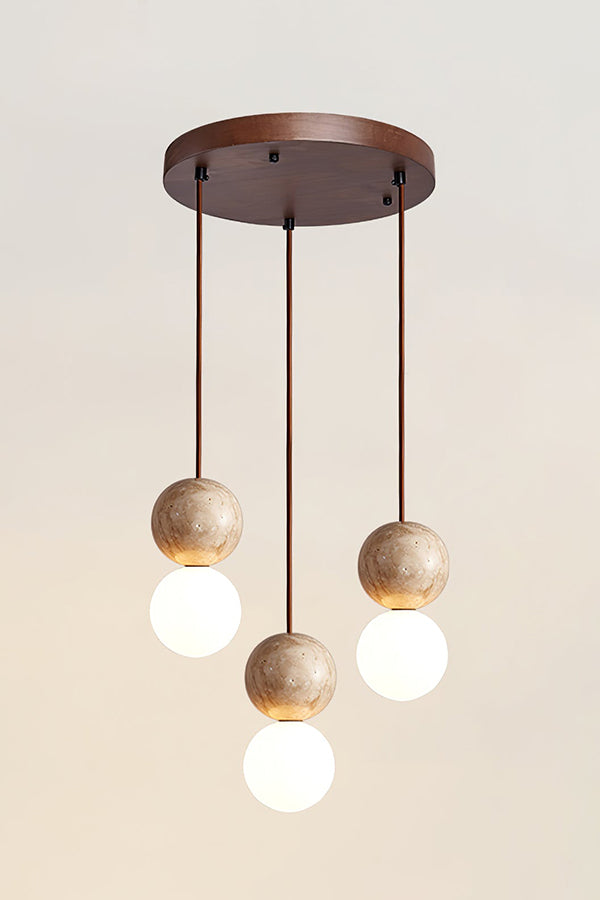 cluster travertine stone pendant light with  canopy | Yellow Travertine, Glass | Front view isolated on white background | Samu Lamp