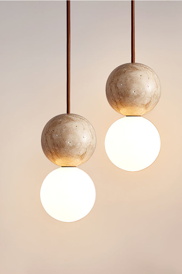 cluster travertine stone pendant light with  canopy | Yellow Travertine, Glass | Front view isolated on white background | Samu Lamp