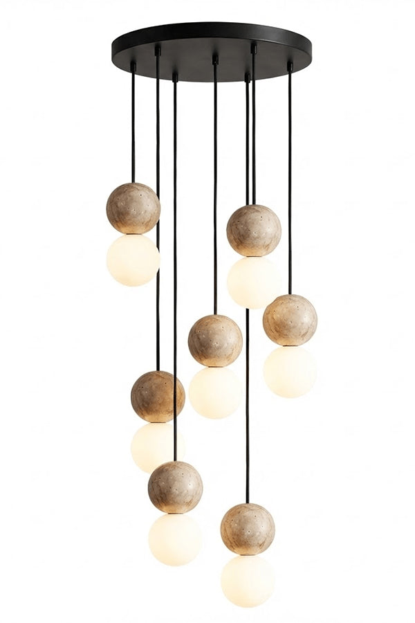 cluster travertine stone pendant light with  canopy | Yellow Travertine, Glass | Front view isolated on white background | Samu Lamp