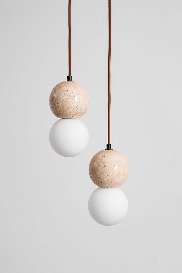 cluster travertine stone pendant light with  canopy | Yellow Travertine, Glass | Front view isolated on white background | Samu Lamp