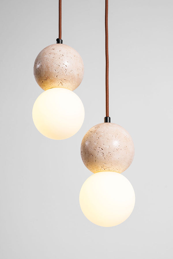 cluster travertine stone pendant light with  canopy | Yellow Travertine, Glass | Front view isolated on white background | Samu Lamp