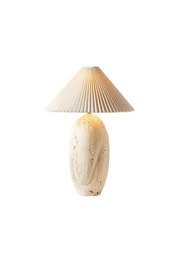 Travertine table lamp with cream pleated fabric shade | Travertine, Fabric | Front view isolated on white background | Samu Lamp