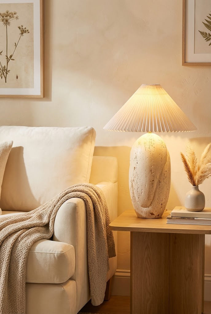 Lit travertine table lamp providing warm light | Travertine, Fabric | On a side table next to a cream sofa | Samu Lamp