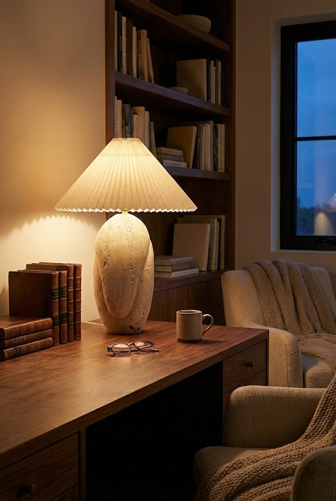 Wabi-Sabi travertine lamp on a desk | Travertine, Fabric | Home office setting with dark wood and books | Samu Lamp