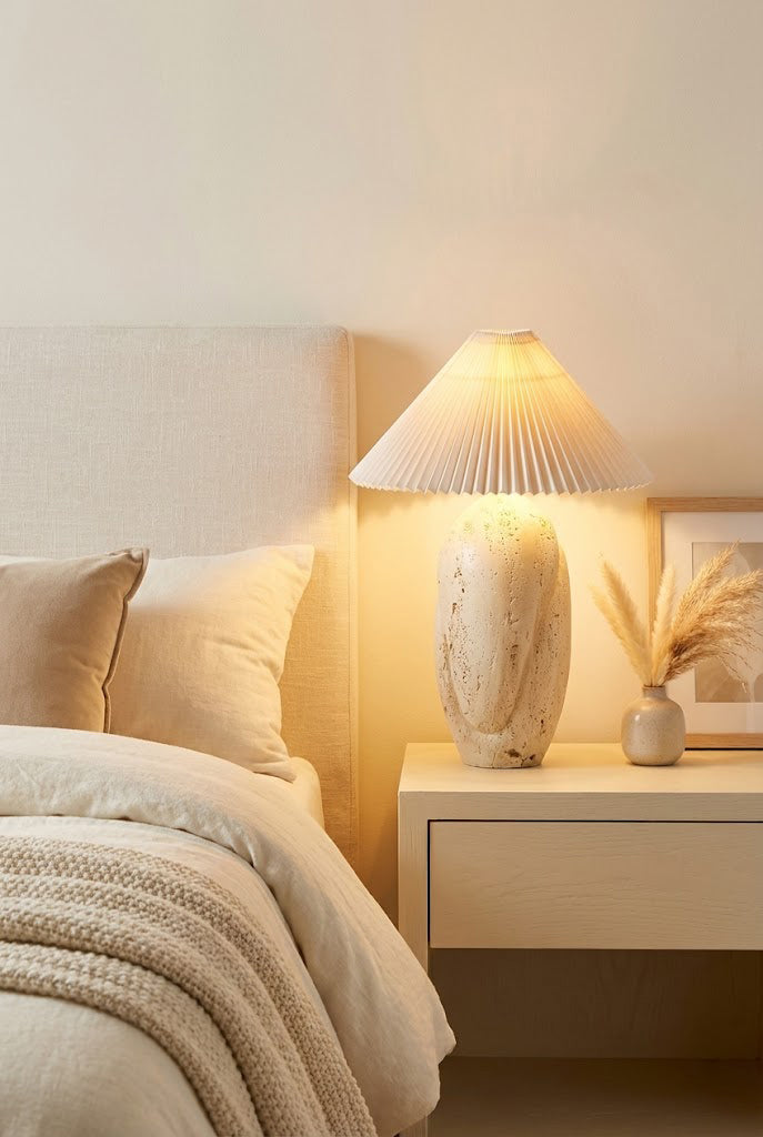 Bedside travertine lamp with pleated shade | Travertine, Fabric | On a white nightstand in a neutral bedroom | Samu Lamp