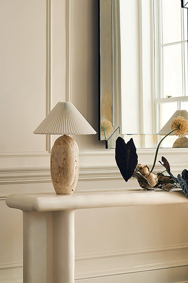 Minimalist travertine table lamp | Travertine, Fabric | On a white console table in a bright interior | Samu Lamp