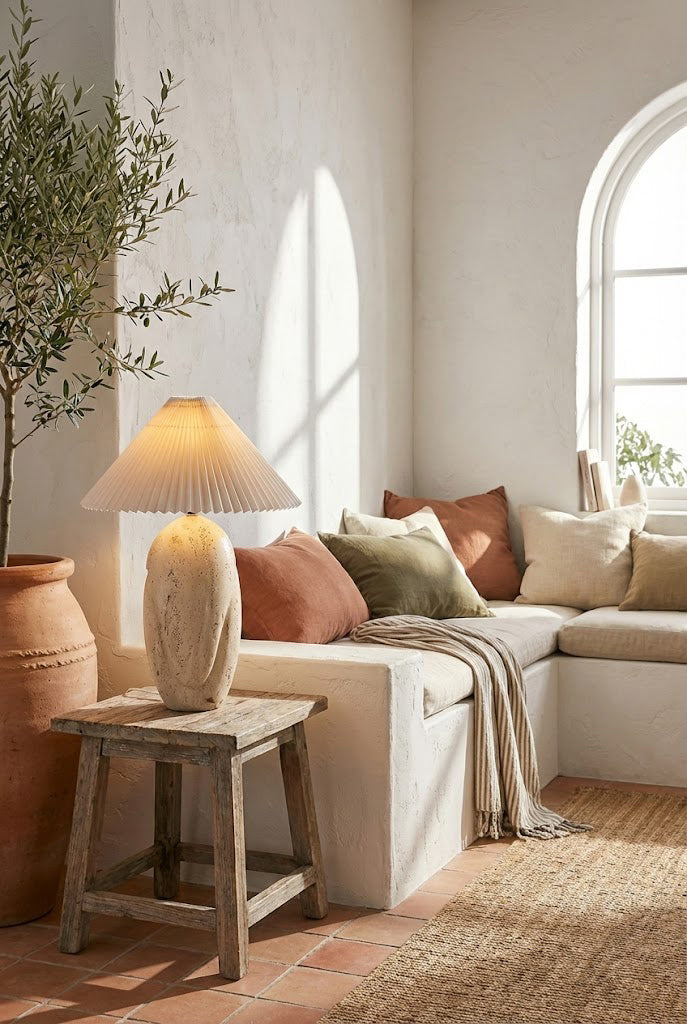 Organic stone lamp in a sunlit room | Travertine, Fabric | On a small wooden stool near a white sofa | Samu Lamp