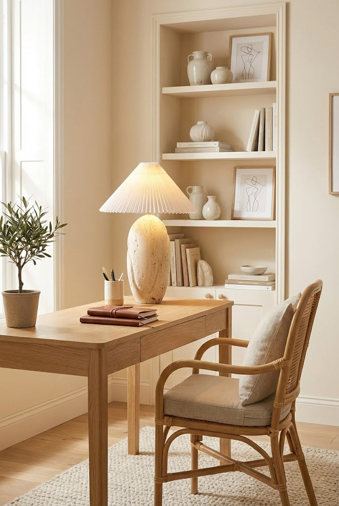 Travertine table lamp for workspace | Travertine, Fabric | On a light wood desk with a wicker chair | Samu Lamp