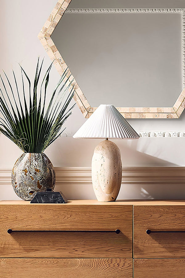 Travertine lamp on wooden dresser | Travertine, Fabric | Entryway scene with mirror and plant | Samu Lamp
