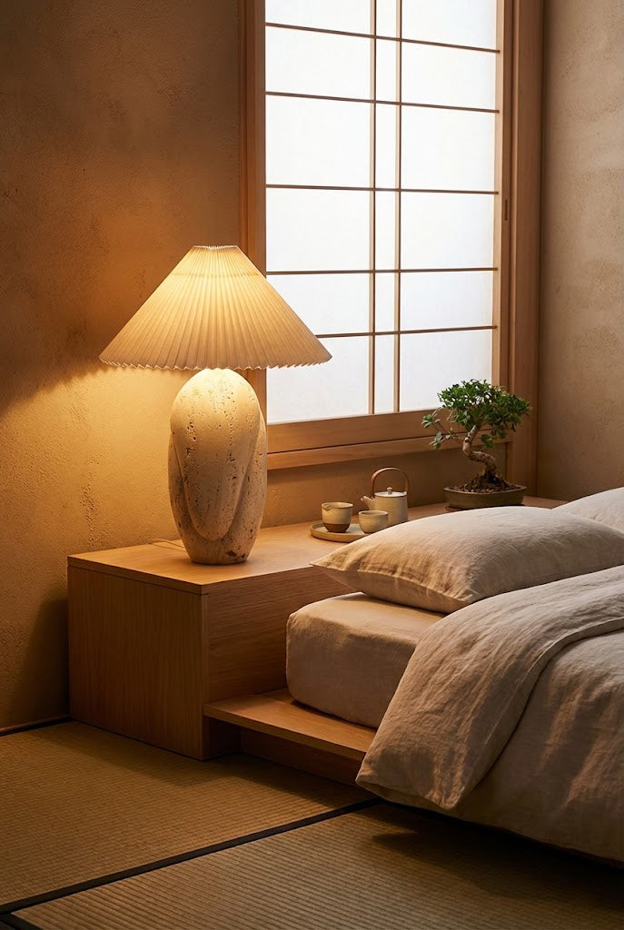 Low-profile bedside travertine lamp | Travertine, Fabric | On a wooden platform bed side table | Samu Lamp