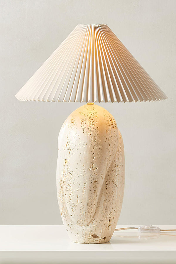Travertine Table Lamp with Pleated Shade | Travertine, Fabric | Full product shot on neutral background | Samu Lamp
