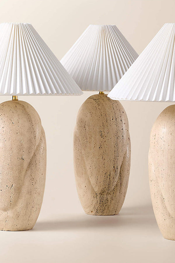 Trio of travertine table lamps | Travertine, Fabric | Group shot showing consistent base texture | Samu Lamp