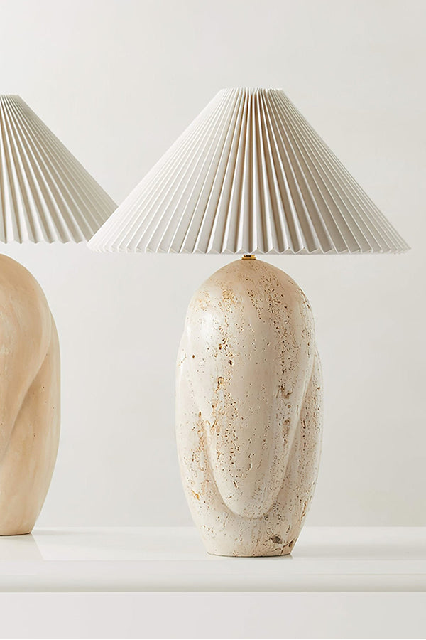 Pair of travertine table lamps | Travertine, Fabric | Close-up of the pleated shades and stone bases | Samu Lamp