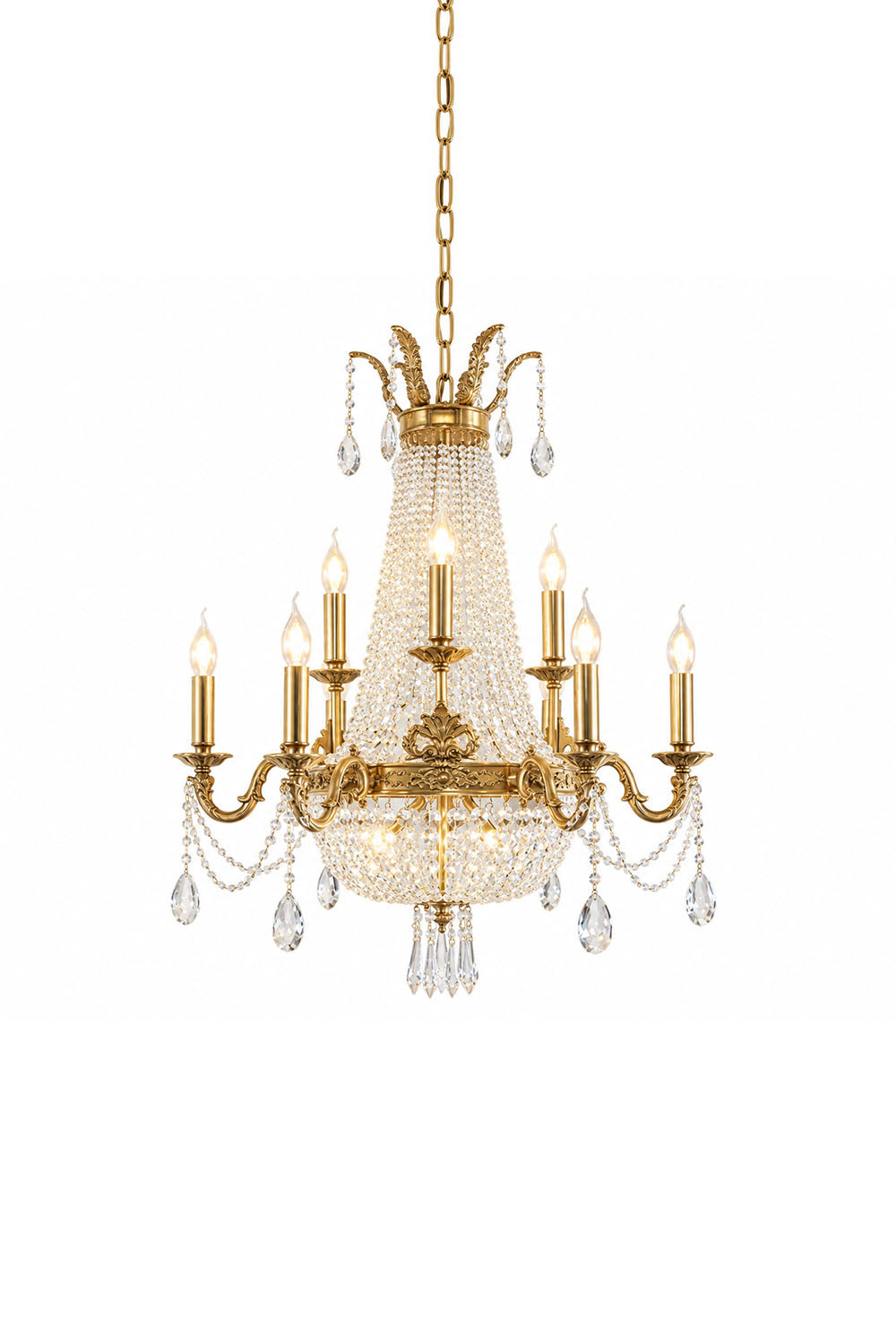 Tremazan Brass Crystal Basket Candle Chandelier | Solid Brass and Cut Crystal | Front full view on a pure white background, illuminated | Samu Lamp
