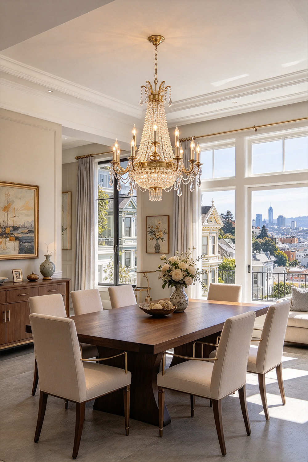 Tremazan Brass Crystal Basket Candle Chandelier | Solid Brass and Cut Crystal | Suspended above a wooden dining table in an elegant dining room with large windows | Samu Lamp