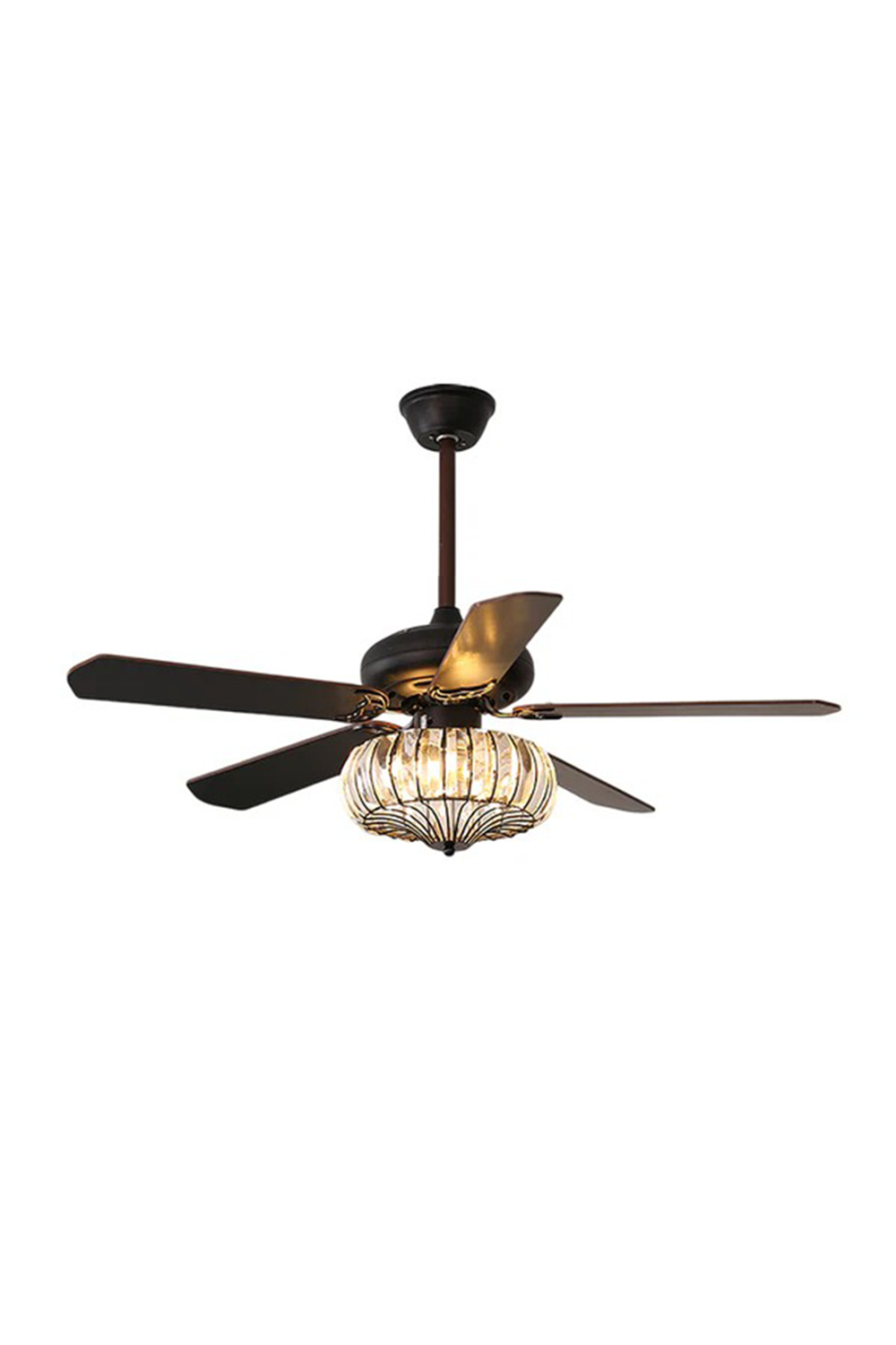 Valerius Luxury Crystal Ceiling Fan Light | Crystal, Metal, Wood | Isolated lit product shot of a traditional matte black ceiling fan featuring five dark walnut wood blades and a luxury crystal basket light shade | White background | Samu Lamp