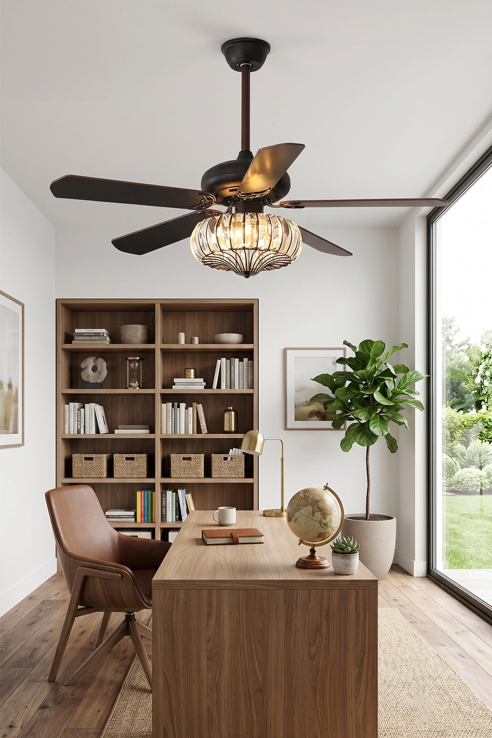 Valerius Luxury Crystal Ceiling Fan Light | Crystal, Metal, Wood | Illuminating a classical workspace setup featuring a wooden executive desk, matching leather chair, and library shelves | Samu Lamp