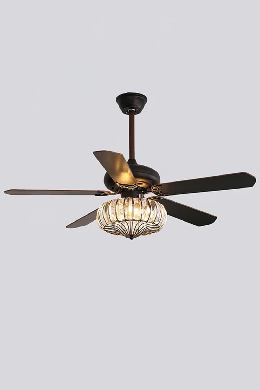Valerius Luxury Crystal Ceiling Fan Light | Crystal, Metal, Wood | Full studio shot of the illuminated multi-functional crystal fan light displayed against a plain neutral backdrop | Samu Lamp
