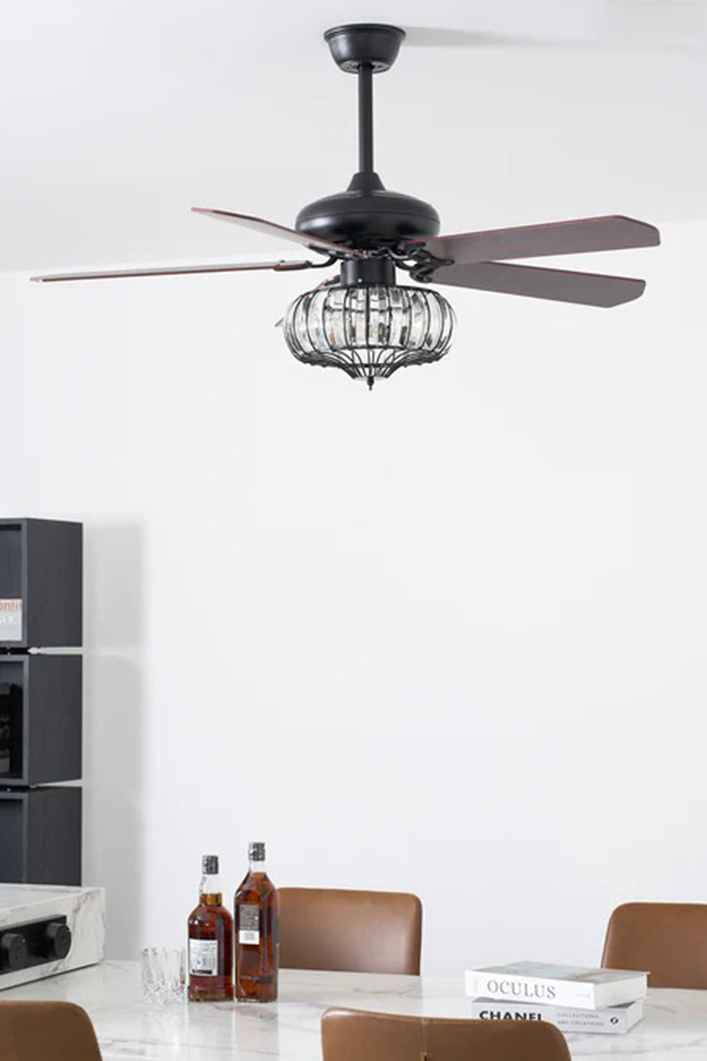 Valerius Luxury Crystal Ceiling Fan Light | Crystal, Metal, Wood | Modern studio staged setting showing the lit fan fixture casting a warm glow against a minimalist white wall | Samu Lamp