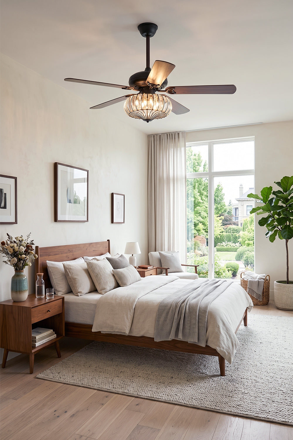 Valerius Luxury Crystal Ceiling Fan Light | Crystal, Metal, Wood | Styled in a contemporary cozy bedroom over a wood platform bed with neutral linens facing a large scenic window | Samu Lamp