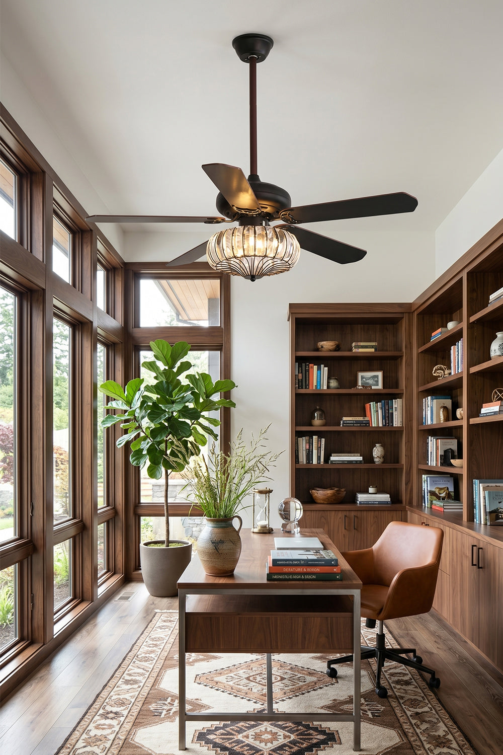 Valerius Luxury Crystal Ceiling Fan Light | Crystal, Metal, Wood | Providing overhead air circulation and ambient light in a rustic home office with dark wood bookshelves and a desk | Samu Lamp