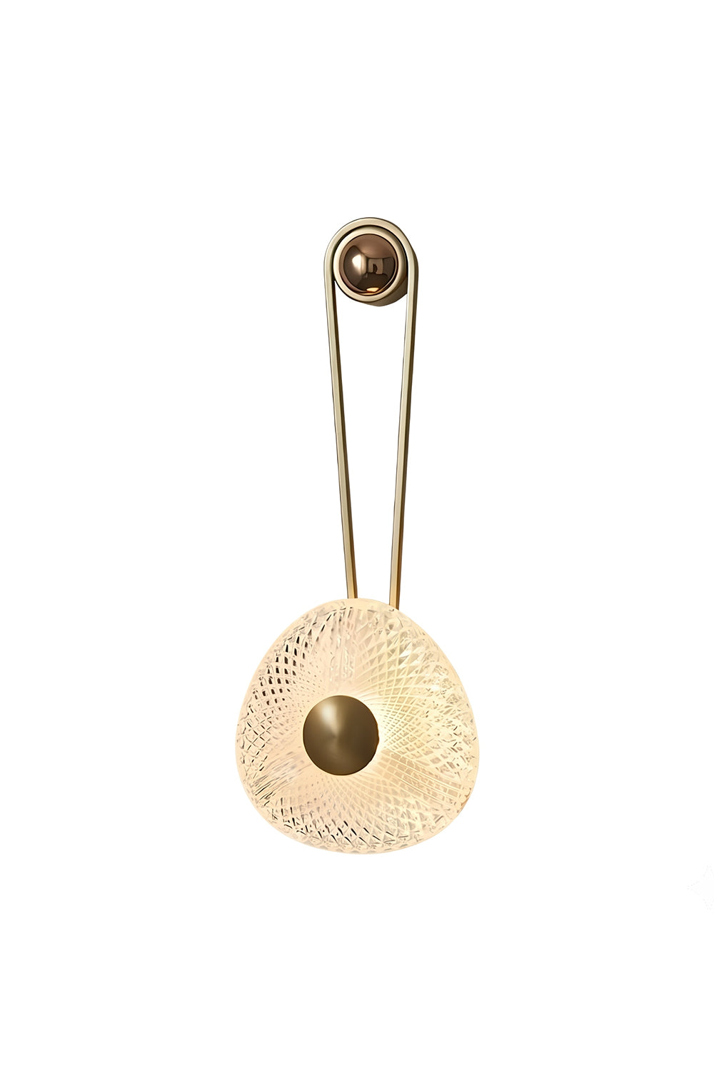 Vara Aura Woven Acrylic Wall Lamp | Woven Acrylic, Brass | Isolated studio shot on a clean white background, showcasing the unique safety-pin inspired brass frame and textured acrylic shade | Samu Lamp