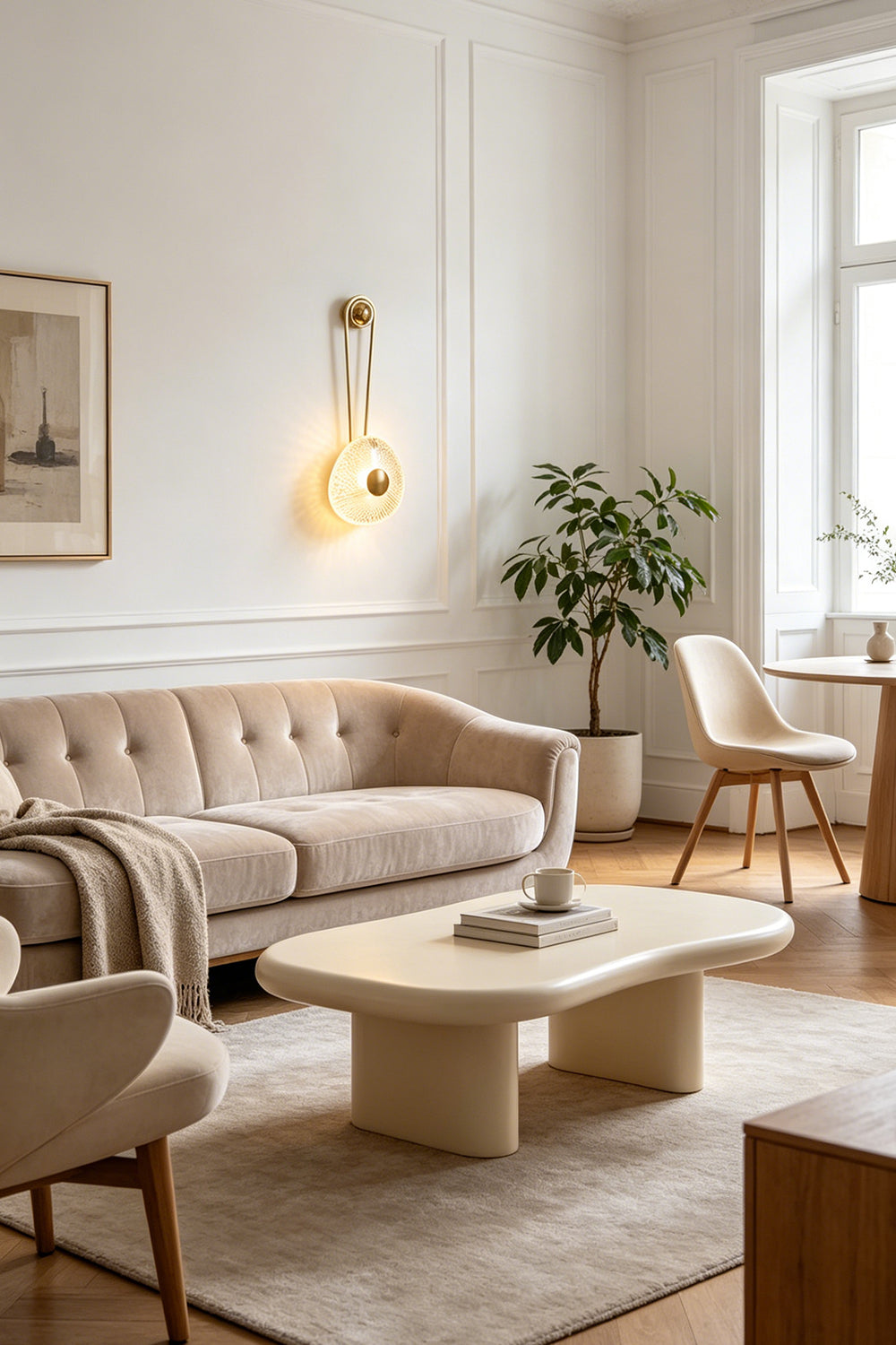 Vara Aura Woven Acrylic Wall Lamp | Woven Acrylic, Brass | Mounted on a living room wall above a modern beige tufted sofa and a minimalist coffee table | Samu Lamp