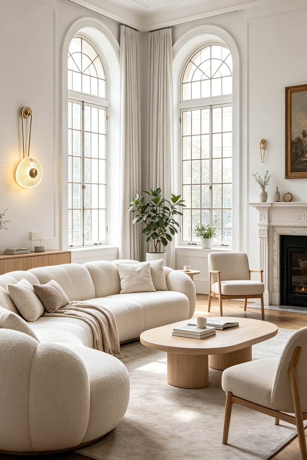 Vara Aura Woven Acrylic Wall Lamp | Woven Acrylic, Brass | Placed in a spacious living room featuring high arched windows, neutral furniture, and a bright ambiance | Samu Lamp