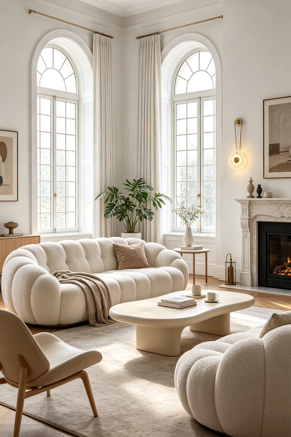 Vara Aura Woven Acrylic Wall Lamp | Woven Acrylic, Brass | Mounted on a wall near a classic fireplace in a sunlit living room with large arched windows | Samu Lamp