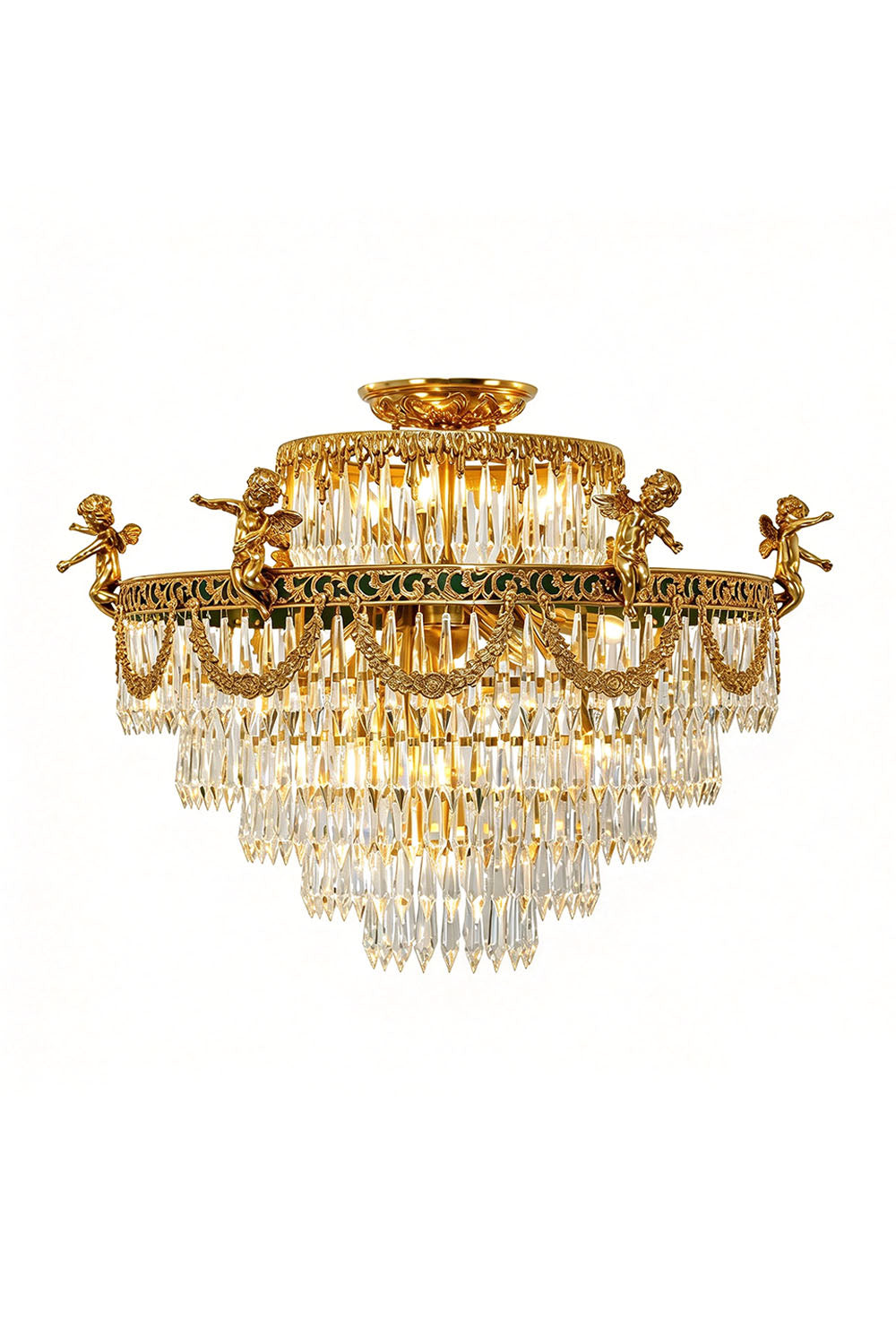Vaudrenne Brass Cherub Crystal Semi-Flush Chandelier | Cut Crystal and Brass | Front full view on a pure white background, illuminated | Samu Lamp