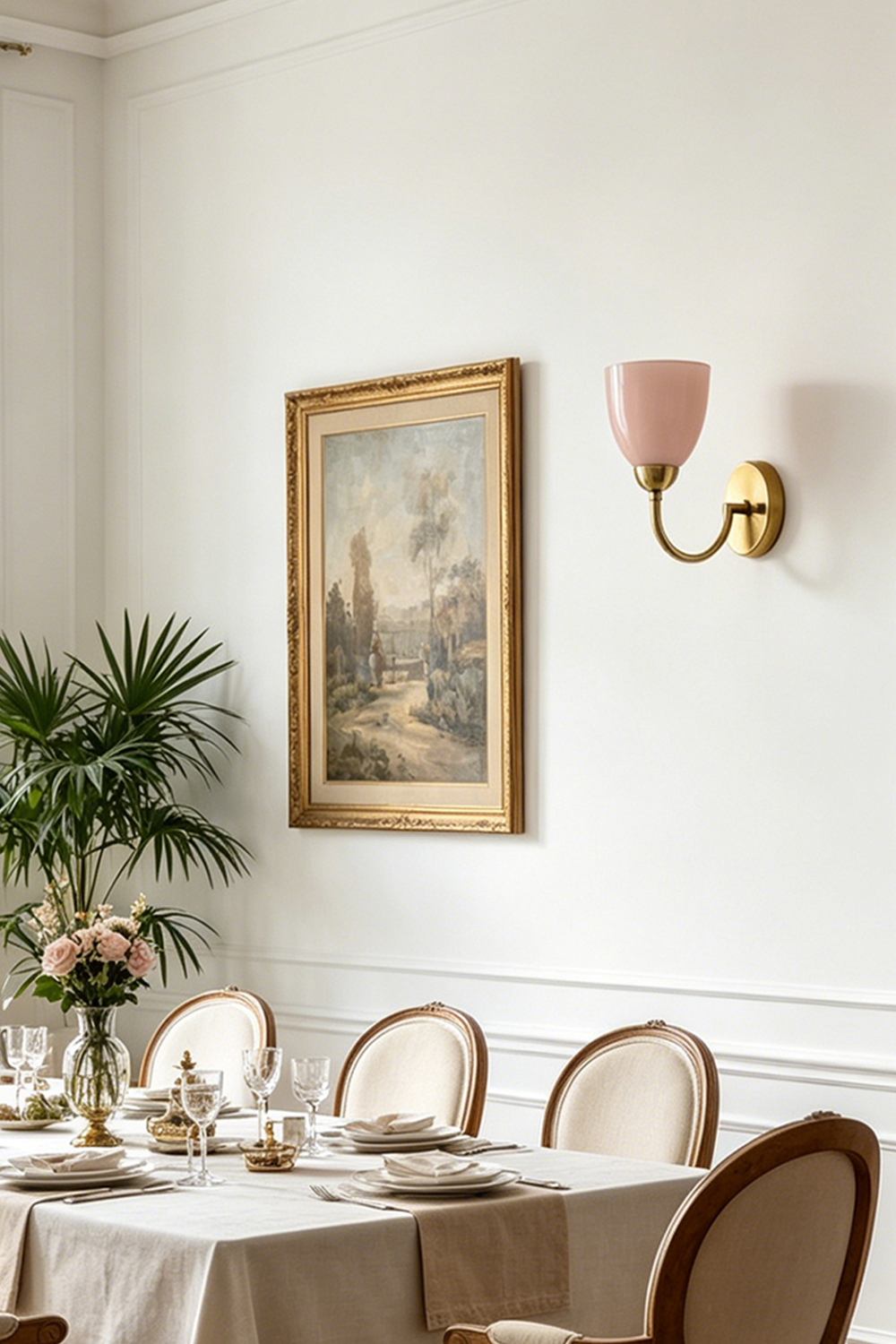 Veil Curve Glass Wall Lamp with pink shade | Metal, Glass | Placed in a home office corner near a desk | Samu Lamp —— Veil Curve