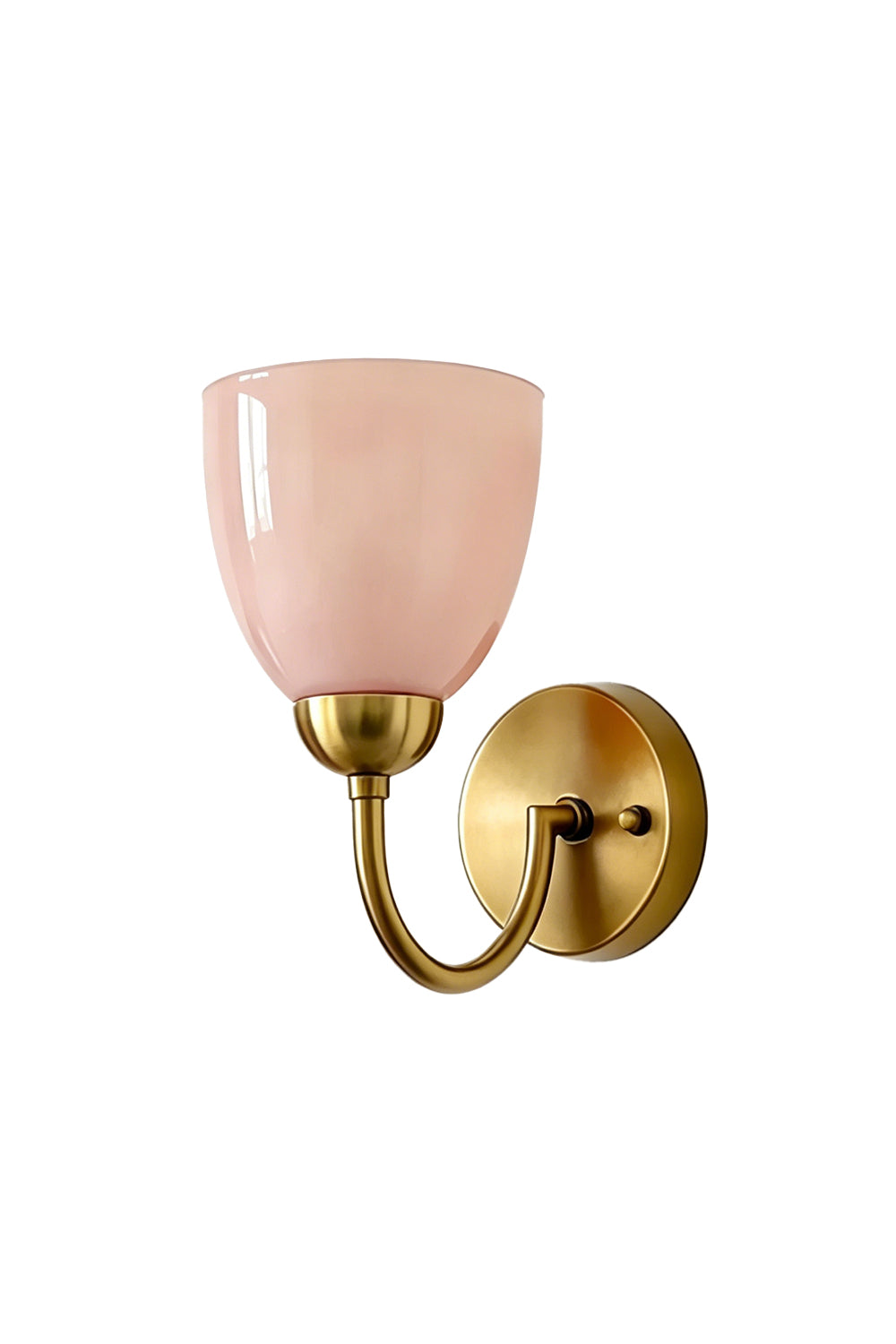 Curving brass arm wall lamp with pink bell glass shade | Metal, Glass | Clean product shot on white background | Samu Lamp