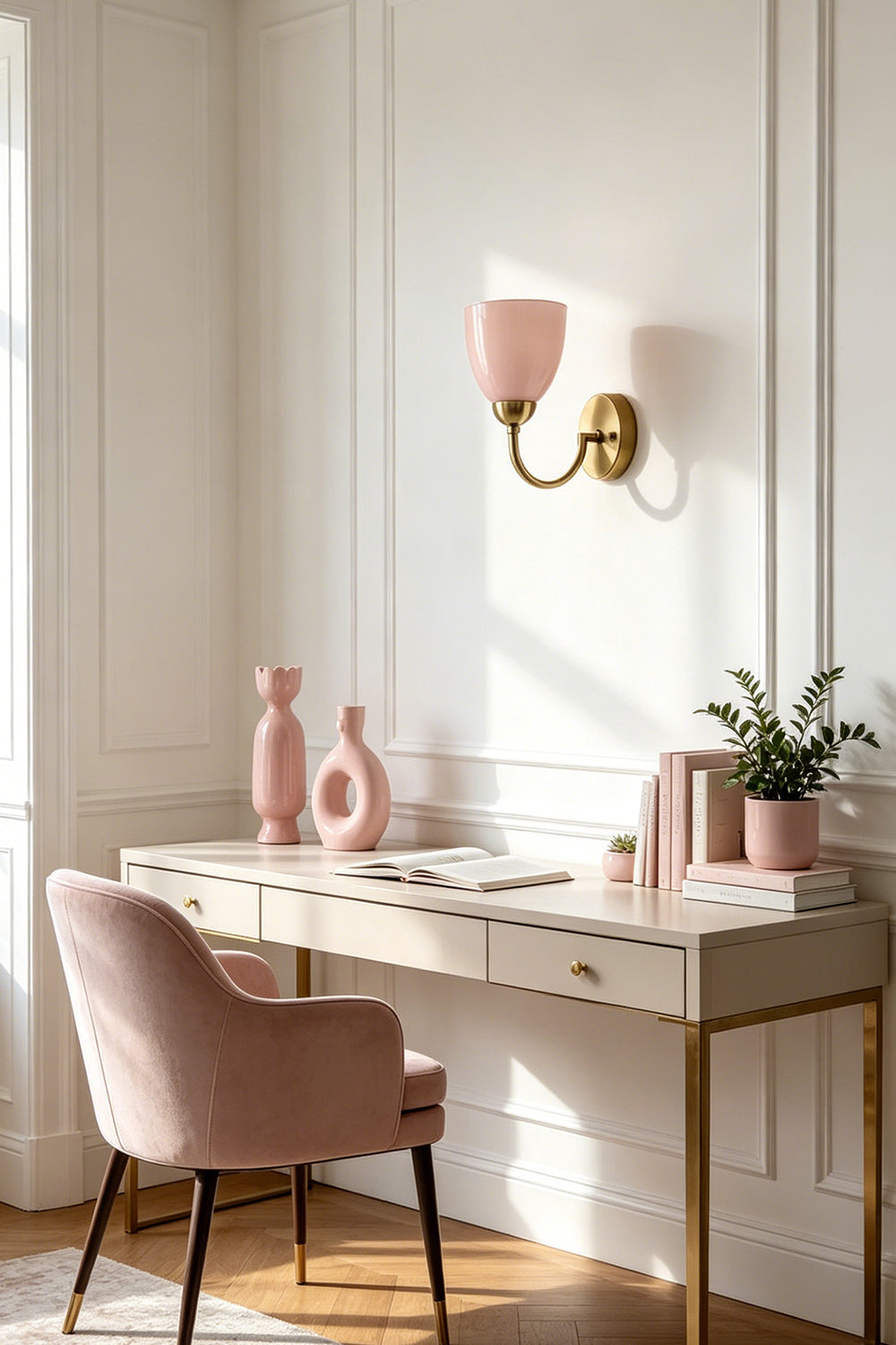 Veil Curve Glass Wall Lamp with pink shade | Metal, Glass | Placed in a home office corner near a desk | Samu Lamp —— Veil Curve