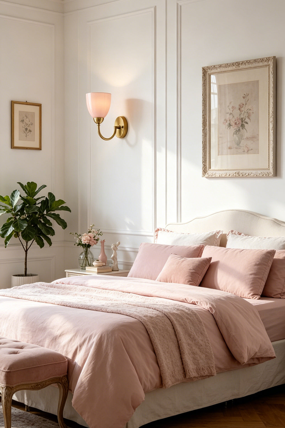 Veil Curve Glass Wall Lamp with pink shade | Metal, Glass | Installed in a well-lit bedroom over a bed | Samu Lamp