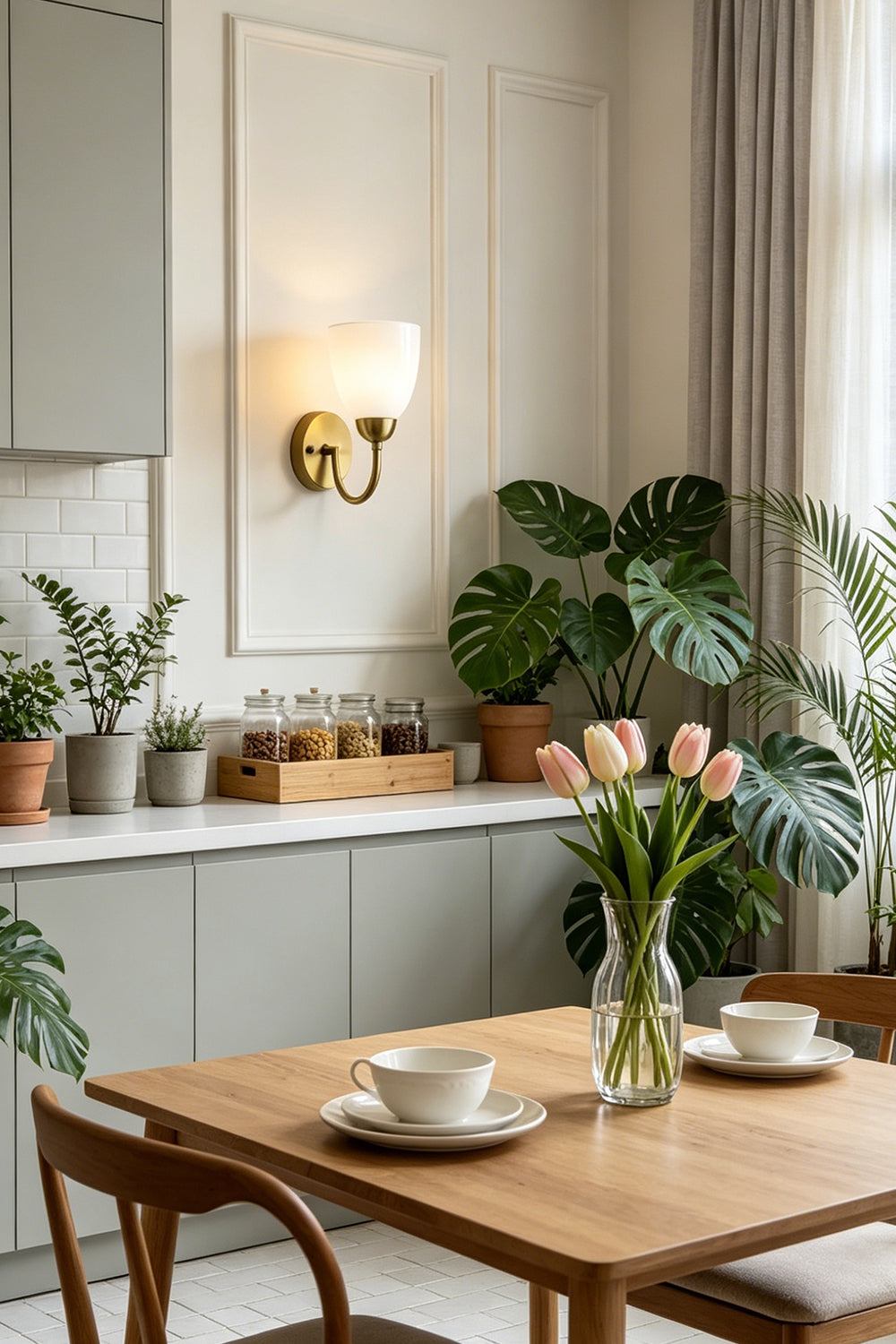 Veil Curve Glass Wall Lamp with pink shade | Metal, Glass | Over a wooden kitchen table with many houseplants | Samu Lamp