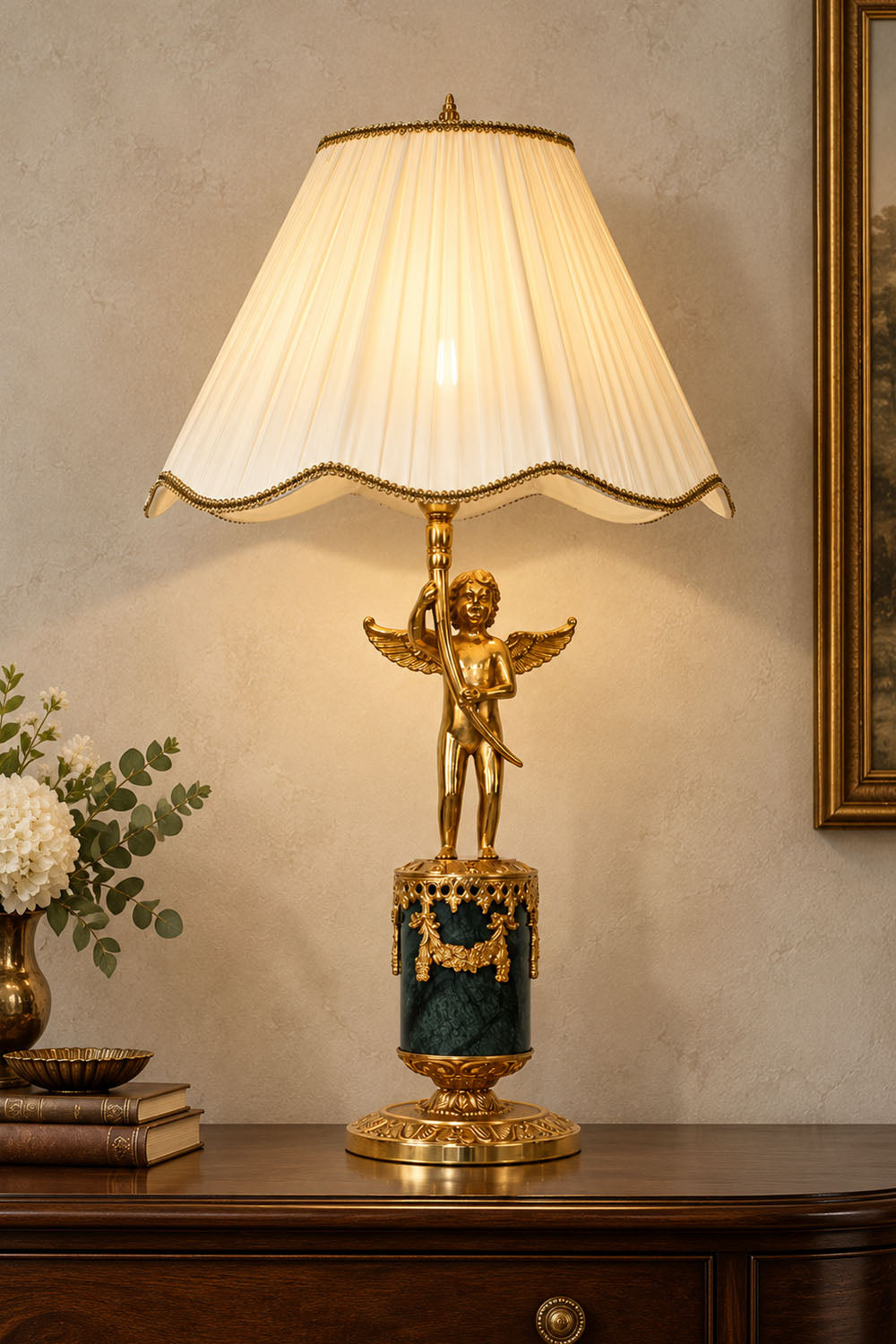 Verdelaine Brass Marble Cherub Table Lamp | Brass and Marble | Real-life view glowing softly on a wood console | Samu Lamp