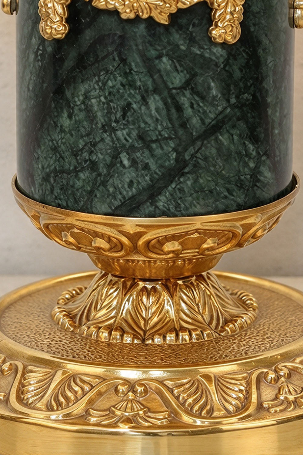 Verdelaine Brass Marble Cherub Table Lamp | Brass and Marble | Close-up of green marble and carved brass base | Samu Lamp
